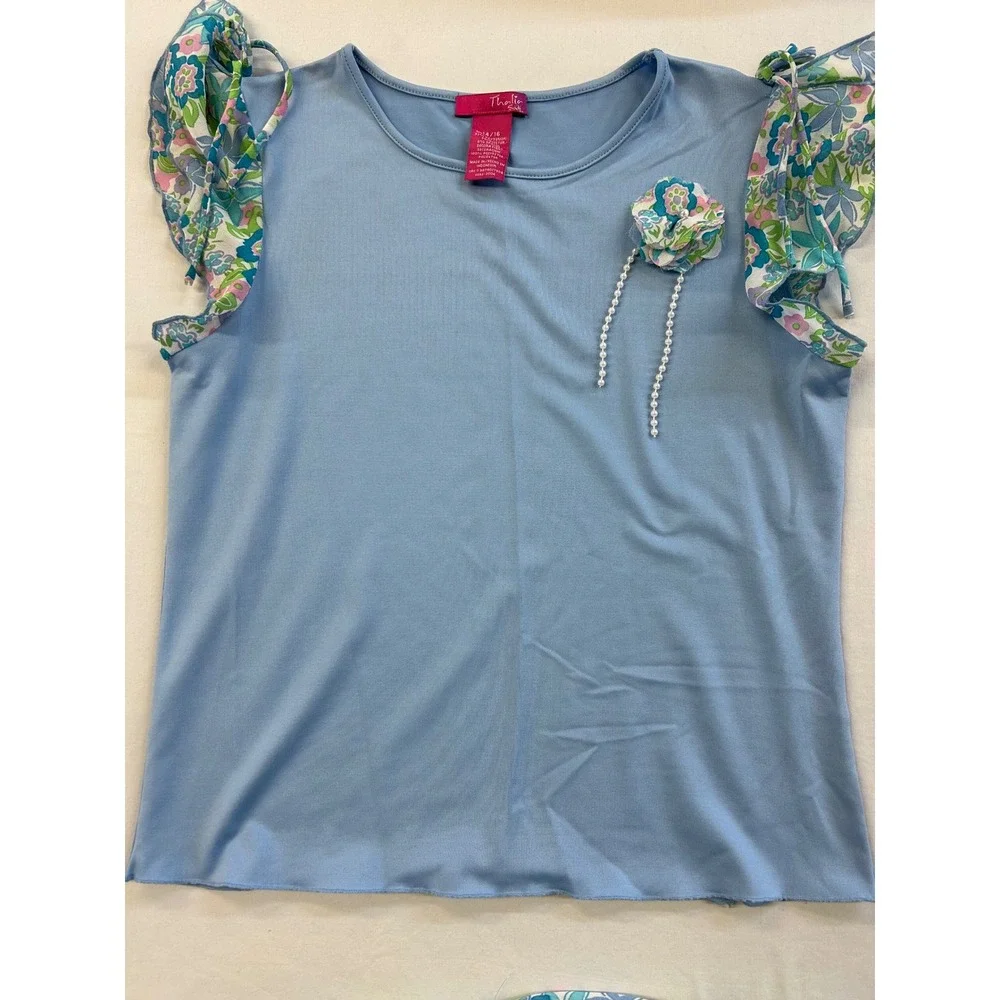 Y2K Thalia Sodi Girls Blue Floral 2-Piece Skirt Set Top 14/16 Skirt 10/12